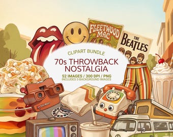 70s Nostalgia PNG Bundle, Retro Clipart Pack, Vintage Hippie Graphics, Groovy 70s Elements, Retro Decor PNG, Commercial Use