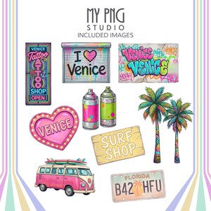 Included Venice Beach clipart graphics featuring neon tattoo sign, Venice graffiti wall, retro surf shop sign, pastel Florida license plate, graffiti palm trees, spray paint cans, and vintage pink surf van.