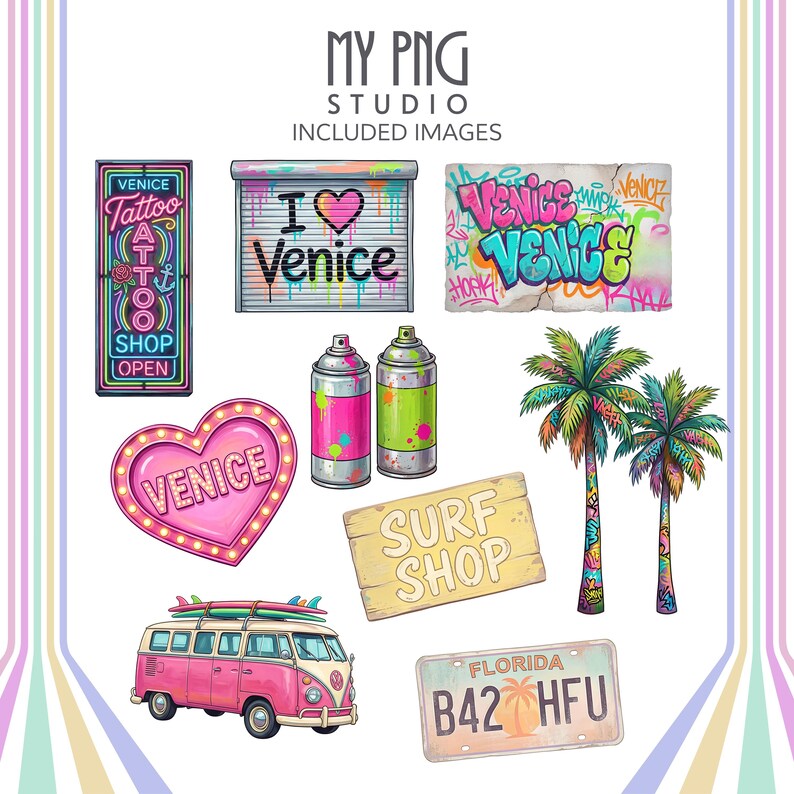 Included Venice Beach clipart graphics featuring neon tattoo sign, Venice graffiti wall, retro surf shop sign, pastel Florida license plate, graffiti palm trees, spray paint cans, and vintage pink surf van.