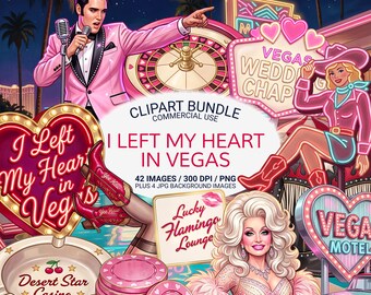 Paquete de imágenes prediseñadas retro de Las Vegas en formato PNG, imágenes prediseñadas de casino rosa, gráficos neón de Las Vegas, Dolly Elvis Americana, Motel PNG para uso comercial