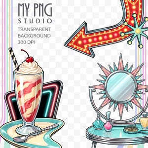 Transparent background preview image showing retro milkshake, vanity mirror, and neon arrow clipart with clean edges and high-resolution PNG quality.
