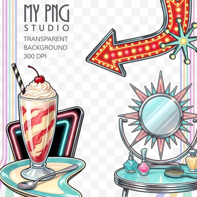 Transparent background preview image showing retro milkshake, vanity mirror, and neon arrow clipart with clean edges and high-resolution PNG quality.