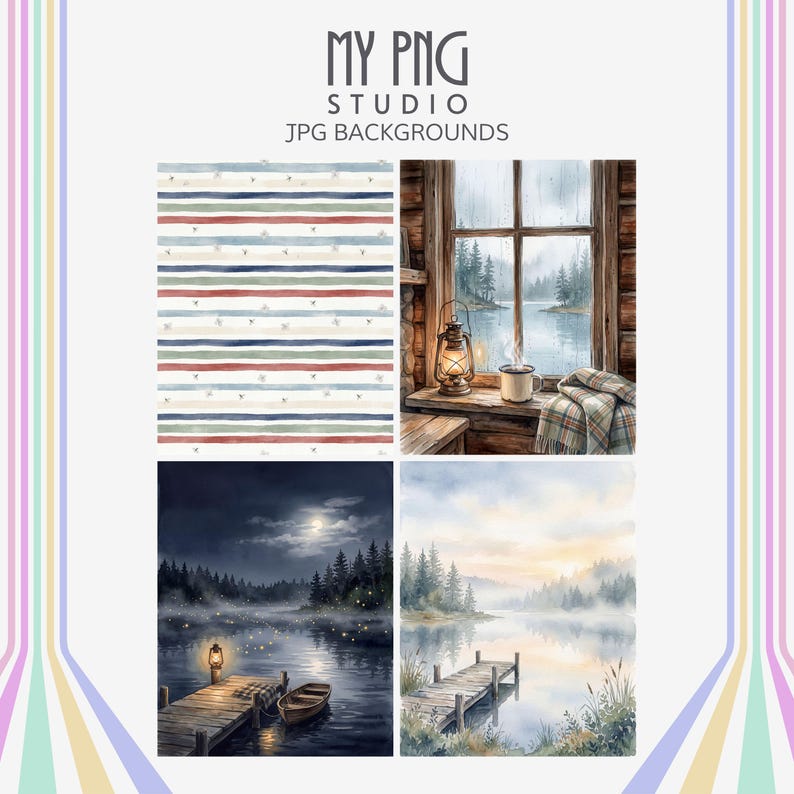 Rustic watercolor lake background papers including striped nautical pattern, foggy lake morning dock, rainy cabin window scene, and moonlit firefly lake illustration for junk journals and scrapbooking