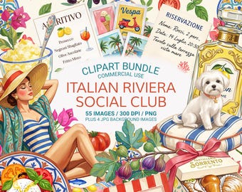 Italian Riviera PNG Bundle, Italy Summer Clipart, Amalfi Coast Travel Ephemera, Mediterranean Food, Beach Club & Junk Journal Graphics