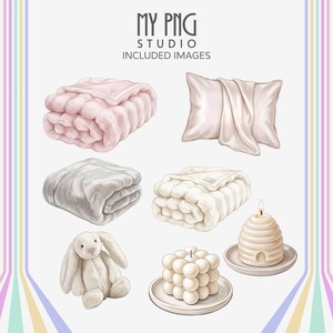 Cozy lifestyle clipart set including blankets, candles, drinks and fashion items designed in a clean girl aesthetic style

High resolution PNG bundle for sublimation and Cricut featuring neutral girly icons and aesthetic daily life objects