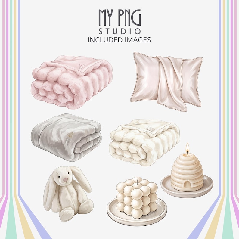 Cozy lifestyle clipart set including blankets, candles, drinks and fashion items designed in a clean girl aesthetic style

High resolution PNG bundle for sublimation and Cricut featuring neutral girly icons and aesthetic daily life objects