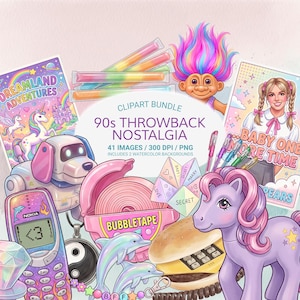 May include: A collection of 90s nostalgia clipart, including a Nokia phone, a My Little Pony, a troll doll, and a Britney Spears illustration. The image also features a cassette tape, a burger, and a friendship bracelet.