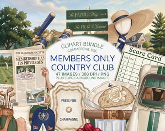 Vintage Old Money Aesthetic Clipart Bundle PNG, Preppy Country Club Summer, Rich Girl Luxury Coastal PNG, Tennis Golf Vintage Clipart Set