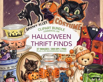 Halloween Thrift Finds PNG Bundle, Vintage Halloween Clipart, Retro Halloween Decor PNG, Cozy Spooky Junk Journal Ephemera, Commercial Use