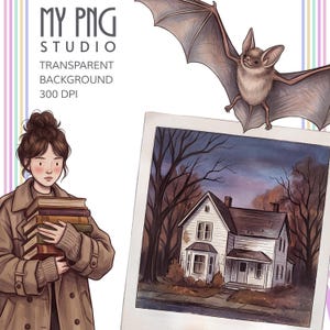 Transparent background preview showing high-resolution October aesthetic PNG clipart including spooky house polaroid, bat illustration, and cozy bookish autumn girl.