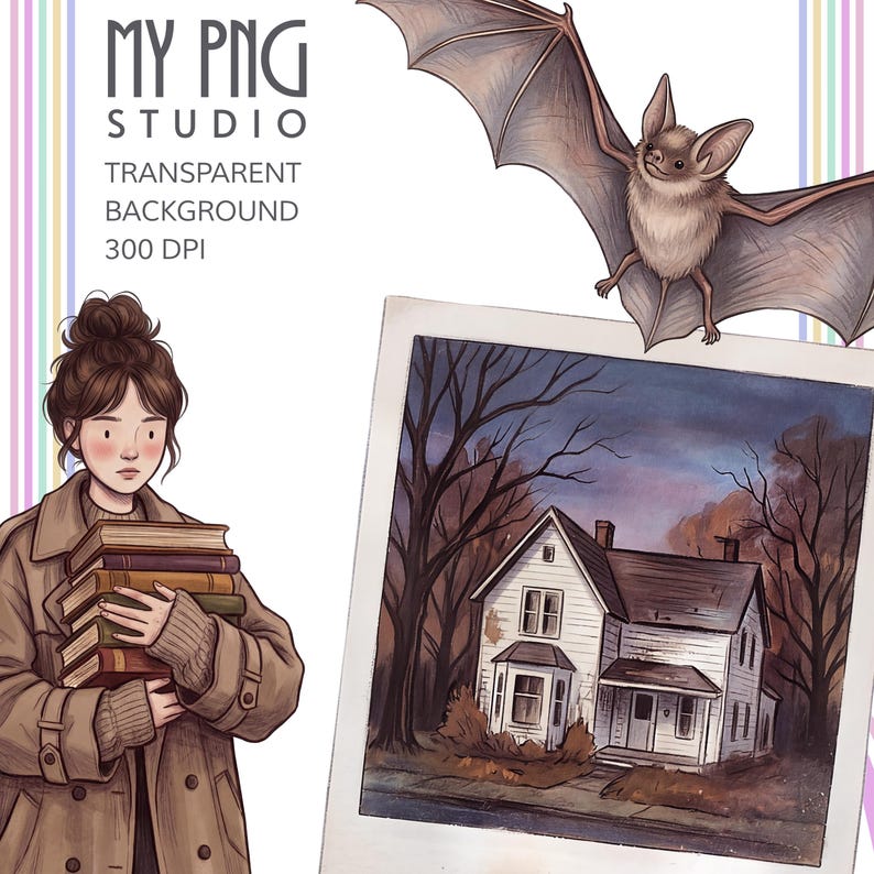 Transparent background preview showing high-resolution October aesthetic PNG clipart including spooky house polaroid, bat illustration, and cozy bookish autumn girl.