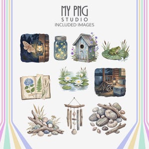 Watercolor lake life clipart set featuring glowing firefly jar, frog on lily pad, rustic birdhouse, raccoon cabin scene, botanical journal pages, driftwood decor, shells, and peaceful cottagecore lake aesthetic