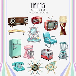 Retro atomic home decor clipart collection with vintage fridge, toaster, blender, rotary phone, starburst clocks, retro television, vanity mirror, and mid-century furniture.