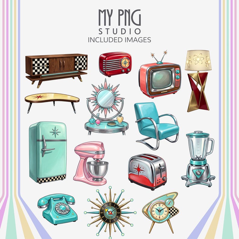 Retro atomic home decor clipart collection with vintage fridge, toaster, blender, rotary phone, starburst clocks, retro television, vanity mirror, and mid-century furniture.