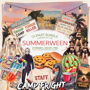 May include: A digital clipart bundle titled Summerween featuring horror-themed graphics including a dog in a ghost costume, a masked slasher, jack-o'-lantern burgers, a watermelon carved like a pumpkin, a staff t-shirt, and drive-in movie signs.