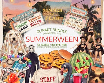 Summerween PNG Bundle, Retro Summer Horror Clipart, Camp Slasher Ephemera, Vintage Spooky Summer PNG, Drive In Horror, Camp Fright