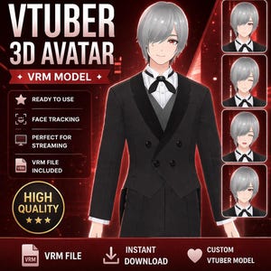 May include: Digital artwork advertising a VTuber 3D avatar. The avatar is a male character with grey hair and a black suit. Text includes "VTUBER 3D AVATAR", "VRM MODEL", "READY TO USE", "FACE TRACKING", "PERFECT FOR STREAMING", and "VRM FILE INCLUDED".