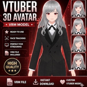 May include: A digital illustration of a VTuber 3D avatar. The avatar has silver hair, red eyes, and is wearing a black suit with a white shirt and bow tie. The image includes text that says "VTUBER 3D AVATAR", "VRM MODEL", "READY TO USE", "FACE TRACKING", "PERFECT FOR STREAMING", and "VRM FILE INCLUDED".