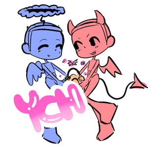 May include: A digital illustration featuring a blue angel character with a halo and wings alongside a red devil character with horns, wings, and a tail. Both figures are holding a small orange basket. The pink text YCH is visible in the foreground.