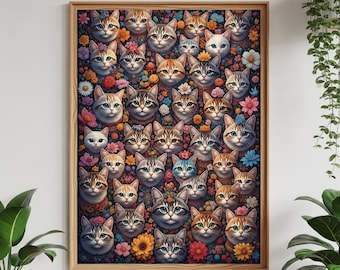 Katzengesichter Blumencollage Jigsaw Puzzle, Kätzchen Kunst, 252/500 Teile (Geschenk)