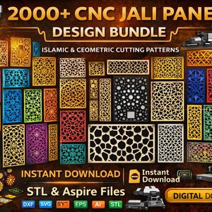 May include: A digital design bundle featuring over 2000 CNC Jali panel designs. The image showcases various Islamic and geometric cutting patterns in multiple colors. Includes STL and Aspire files for instant download.