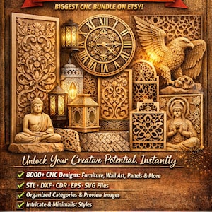 May include: Digital files for CNC router machines. The image features a variety of carved wooden designs, including panels, a clock, an eagle, and Buddha statues. Text includes "8000+ CNC MEGA FILES" and "Ultimate CNC Router STL Pack".