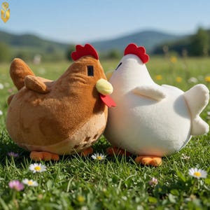 May include: Two plush chicken toys, one brown and one white, are nestled together in a grassy field. Each chicken has a red comb, yellow beak, and orange feet. The background features a blurred view of green hills and a blue sky.