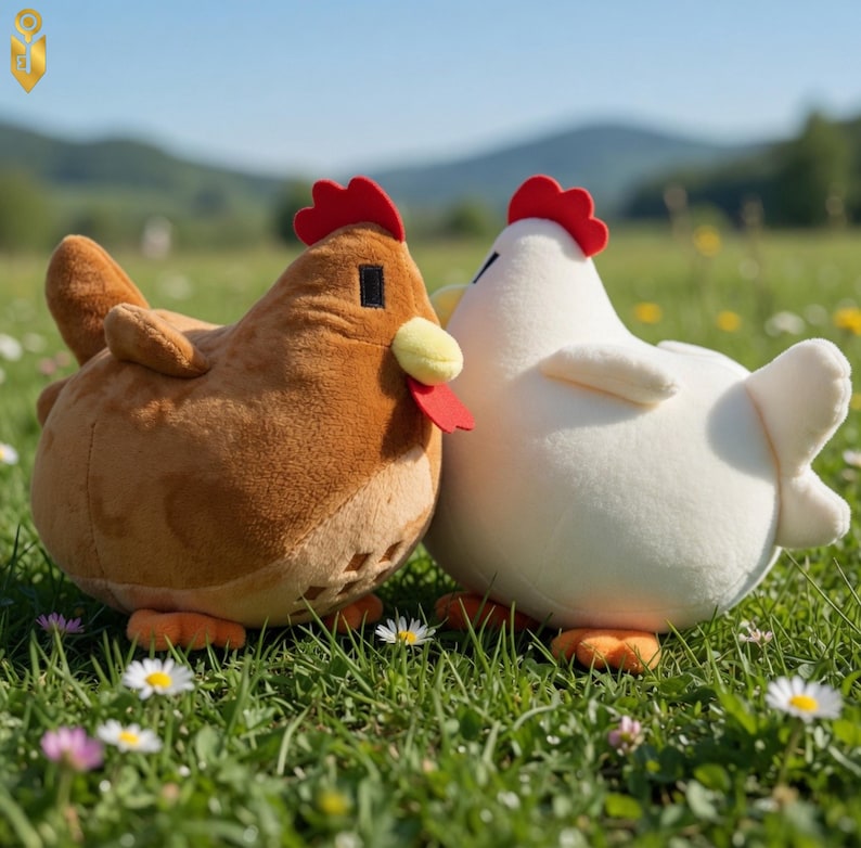 May include: Two plush chicken toys, one brown and one white, are nestled together in a grassy field. Each chicken has a red comb, yellow beak, and orange feet. The background features a blurred view of green hills and a blue sky.