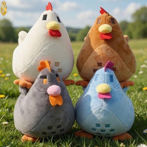 May include: Four plush chicken toys in white, brown, gray, and blue, with red, orange, and pink accents. The chickens have pixelated details and are sitting on green grass.