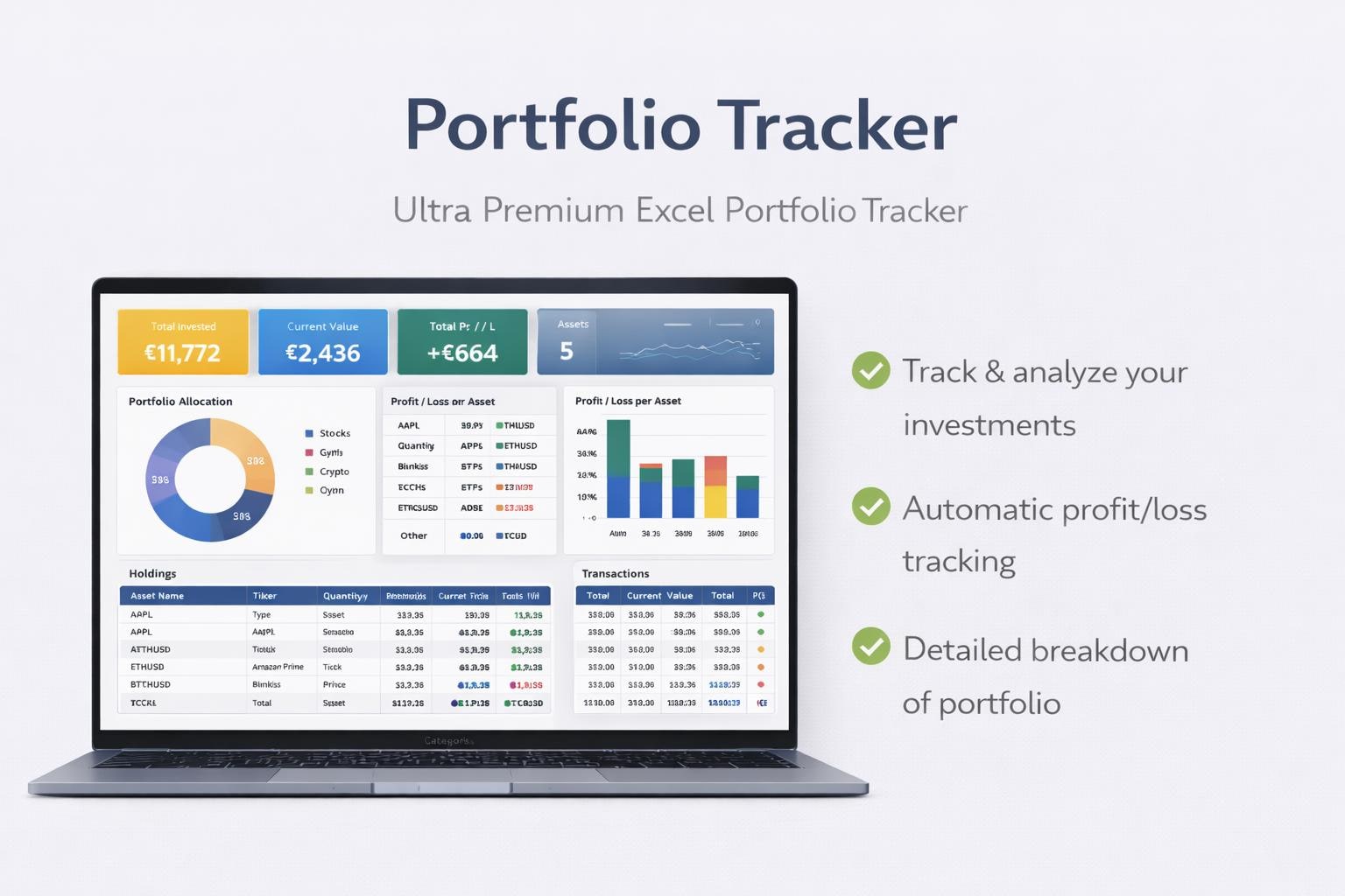 Excel Portfolio Tracker - Stocks, ETFs, Crypto Dashboard (Digital Download)