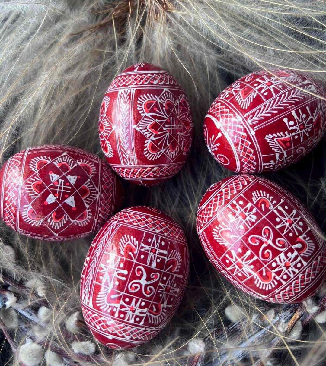 Set of 5 Hand Painted Wooden Pysanky Easter Red Eggs, Ukrainian Decor ...