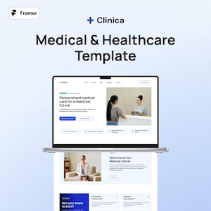 Puede incluir: Un portátil que muestra una plantilla de sitio web para un centro médico. La plantilla incluye el texto "Medical & Healthcare Template" y "Clinica". El sitio web presenta secciones para atención médica personalizada y un mensaje de bienvenida.