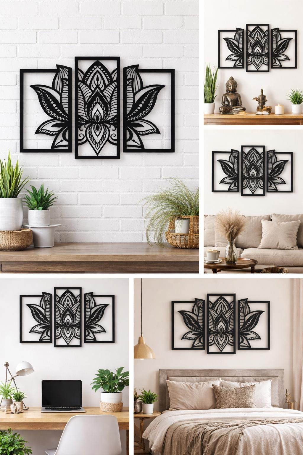 Lotus Mandala Wall Art | 3 Panel MDF Wood Decor | Boho Spiritual Home ...