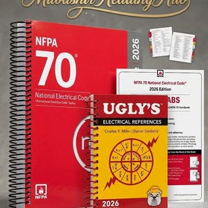 May include: The 2026 NFPA 70 National Electrical Code book with black spiral binding, alongside the 2026 Ugly's Electrical References book featuring a yellow circular formula chart, and a white instructional sheet with tabs for the code book.