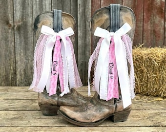 Country Concert Boot Bows – Pink & White Ribbon Boot Bows, Cowgirl Boot Accessories, Lacey Western Boot Bows