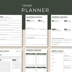 May include: An undated planner featuring six distinct white pages with black text and dark green accents. The pages include sections for a monthly overview, quarterly review, monthly review, daily goals, monthly budget, and weekly goals.