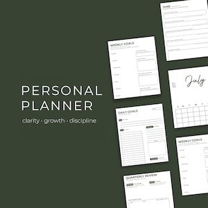 May include: A personal planner set featuring white pages with black text on a dark green background. The pages include headers for Weekly Goals, Daily Goals, June, July, and Quarterly Review, with sections for lists, calendars, and goal tracking.
