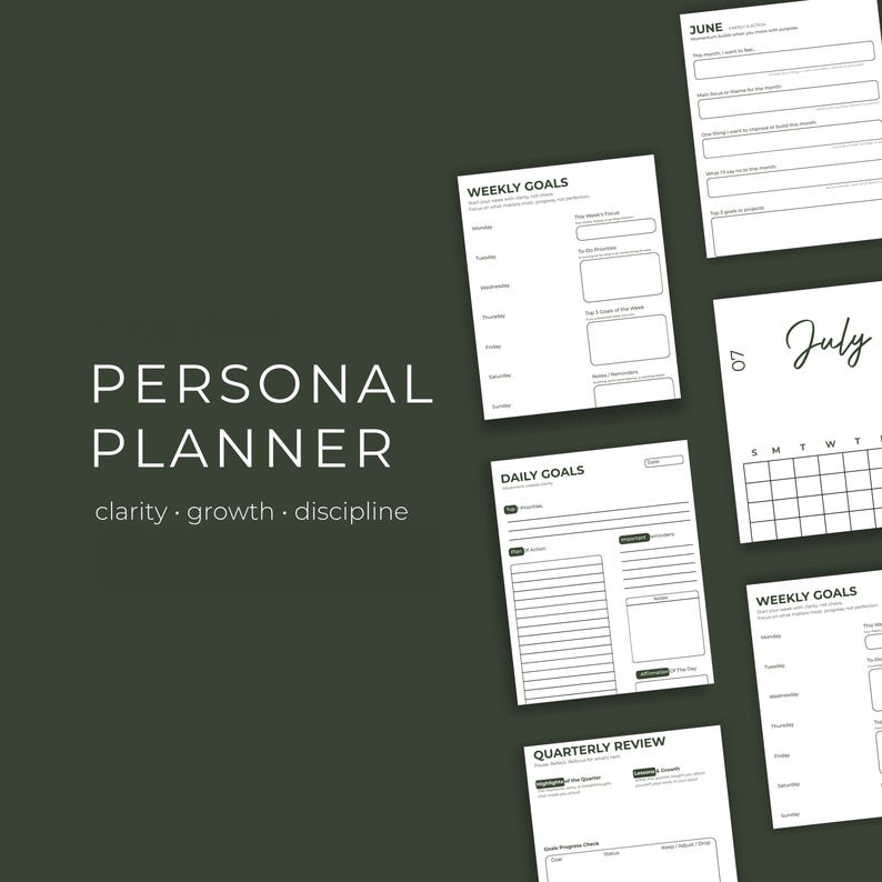 May include: A personal planner set featuring white pages with black text on a dark green background. The pages include headers for Weekly Goals, Daily Goals, June, July, and Quarterly Review, with sections for lists, calendars, and goal tracking.