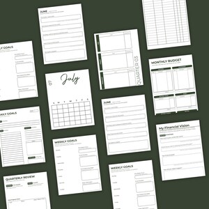 May include: A collection of white planner pages with black text and lines, including templates for monthly budgets, weekly goals, daily goals, financial vision, and quarterly reviews, featuring headers like June, July, and Quarter 03.