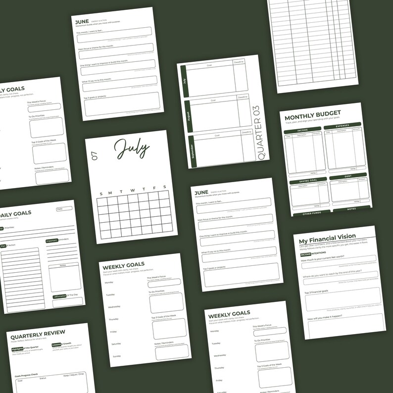 May include: A collection of white planner pages with black text and lines, including templates for monthly budgets, weekly goals, daily goals, financial vision, and quarterly reviews, featuring headers like June, July, and Quarter 03.