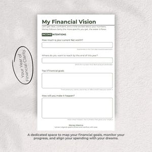 May include: A white financial planning worksheet titled My Financial Vision with sections for Income Intentions, current net worth, year-end goals, top 3 financial goals, and action plans, featuring a Money Mantra and a circular Your Year of Financial Clarity note.