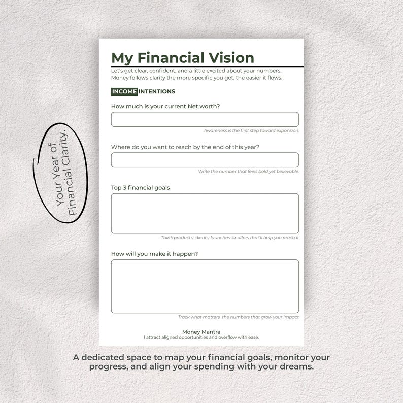 May include: A white financial planning worksheet titled My Financial Vision with sections for Income Intentions, current net worth, year-end goals, top 3 financial goals, and action plans, featuring a Money Mantra and a circular Your Year of Financial Clarity note.