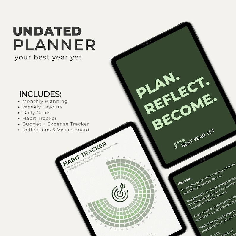 May include: An undated planner displayed on three digital screens. The text reads UNDATED PLANNER your best year yet, with sections for monthly planning, weekly layouts, daily goals, habit tracker, budget, and reflections. Screens show PLAN. REFLECT. BECOME. and a circular habit tracker.