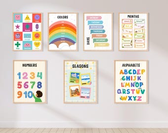 Educational Posters Printable Set of 7, Alphabet Numbers Shapes, Montessori Homeschool Decor Download