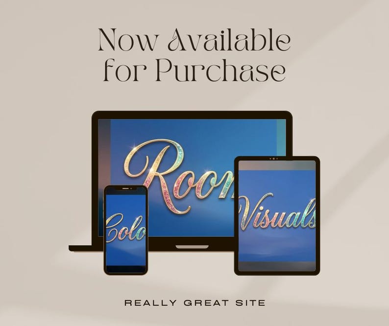 May include: A digital advertisement featuring a laptop, tablet, and smartphone. The screens display the words "Room Visuals" and "Solo" in a decorative font. The text "Now Available for Purchase" and "REALLY GREAT SITE" are also visible.