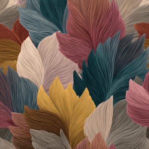 May include: A seamless pattern of stylized leaves in various colours. The leaves are rendered with detailed, textured lines, creating a sense of depth and movement. Colours include shades of teal, mustard yellow, brown, pink, and beige.
