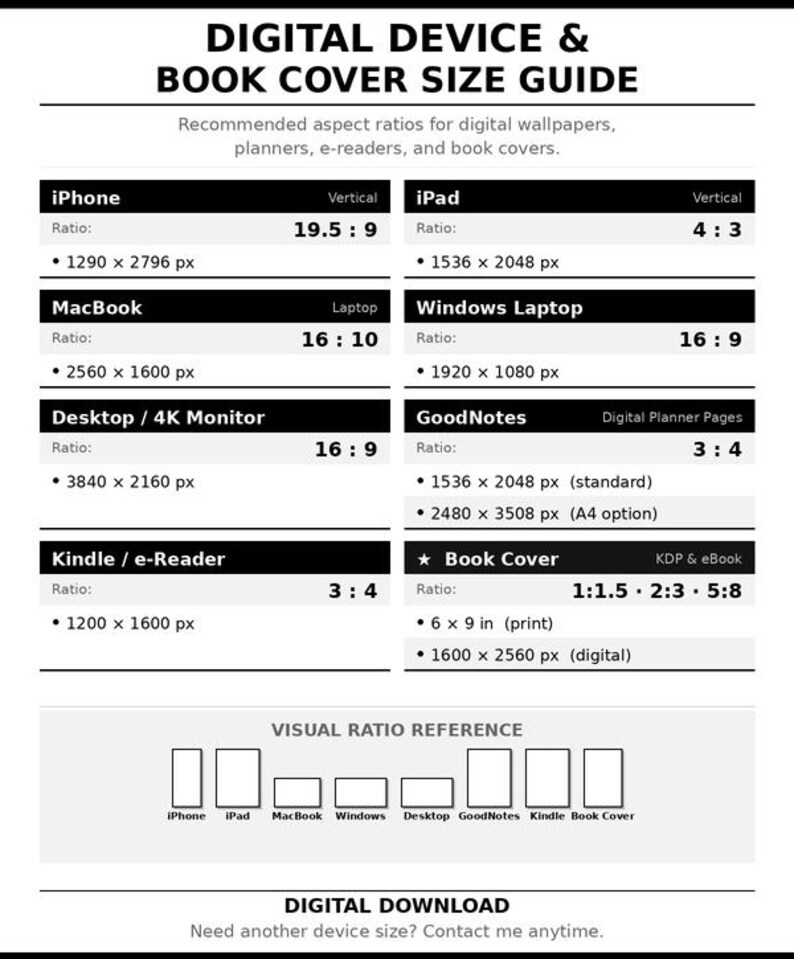 May include: A digital device and book cover size guide with aspect ratios for iPhone, iPad, MacBook, Windows Laptop, Desktop, GoodNotes, Kindle e-Reader, and book covers. Includes pixel dimensions and a visual ratio reference. The guide is a digital download.