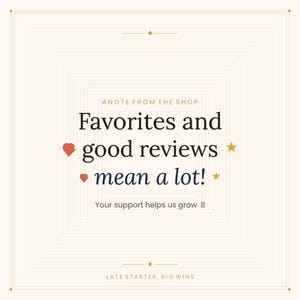May include: A square graphic with a cream background and a geometric pattern. Text reads "Favorites and good reviews mean a lot!" with heart and star symbols. The text "Your support helps us grow" is also included.