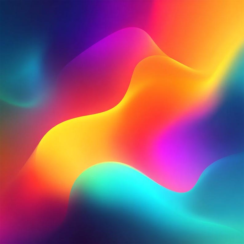 May include: Abstract digital art with a vibrant gradient of colors. The image features flowing, blurred shapes in shades of blue, purple, pink, orange, and yellow. The design creates a sense of movement and fluidity, suitable for digital backgrounds or artistic prints.