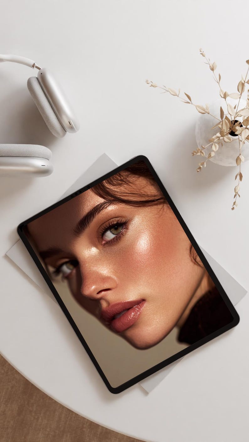 May include: A tablet displaying a close-up of a woman's face with radiant skin and soft makeup. The image is set on a white surface, with a pair of white headphones and a small vase with dried plants in the background.